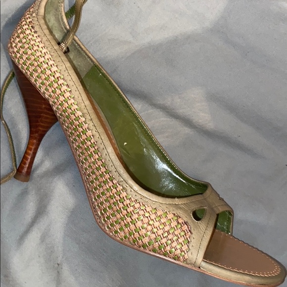 Peep toe basket weave, leather and fabric 3” heels - Picture 2 of 6